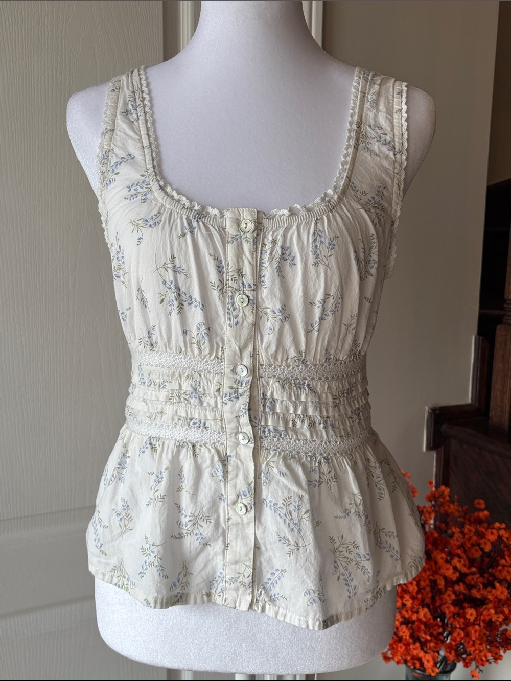 H&M Divided White Lace-Trim Floral Top with Blue & Green Print